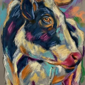 An original expressionist cow portrait painting in soft pastel by Savchenko on A3 format, depicting a black and white cow with a bright pink nose, amber eyes, and colorful strokes of turquoise and purple against a grey background.