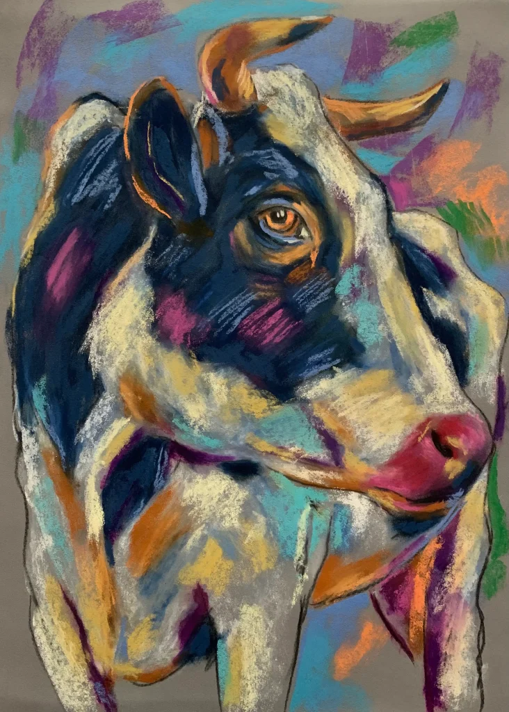 An original expressionist cow portrait painting in soft pastel by Savchenko on A3 format, depicting a black and white cow with a bright pink nose, amber eyes, and colorful strokes of turquoise and purple against a grey background.