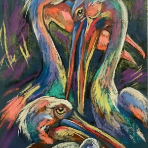 An original expressionist colorful pelicans soft pastel painting by Savchenko on A3 format, depicting three pelicans with long beaks in vibrant strokes of turquoise, coral, magenta, and blue against a dark purple background.