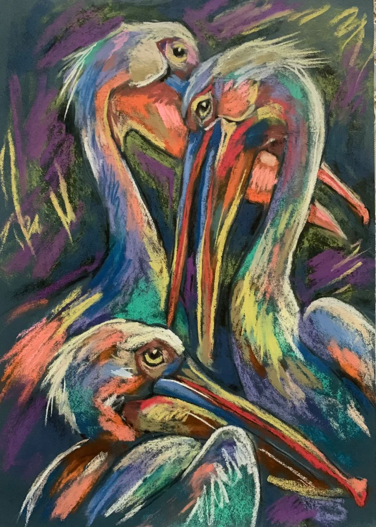 An original expressionist colorful pelicans soft pastel painting by Savchenko on A3 format, depicting three pelicans with long beaks in vibrant strokes of turquoise, coral, magenta, and blue against a dark purple background.
