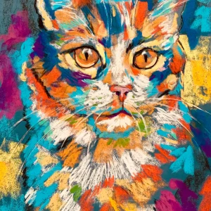 An original expressionist fluffy cat portrait in soft pastel by Savchenko on A3 format, depicting a fluffy cat with glowing amber eyes, white chest fur, vibrant orange, turquoise, and purple strokes against a textured blue background.