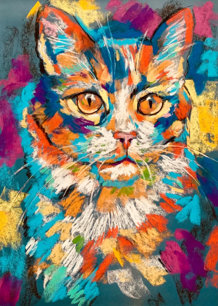 An original expressionist fluffy cat portrait in soft pastel by Savchenko on A3 format, depicting a fluffy cat with glowing amber eyes, white chest fur, vibrant orange, turquoise, and purple strokes against a textured blue background.