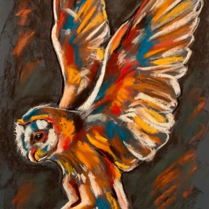 An original expressionist flying barn owl painting in soft pastel by Savchenko on A3 format, depicting an owl in flight with widespread wings, glowing orange and cyan feathers, and sharp talons against a dark textured background.
