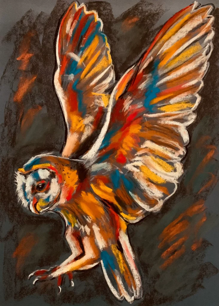 An original expressionist flying barn owl painting in soft pastel by Savchenko on A3 format, depicting an owl in flight with widespread wings, glowing orange and cyan feathers, and sharp talons against a dark textured background.