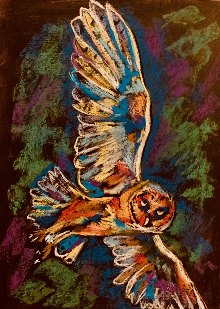 An original expressionist gliding owl painting in soft pastel by Savchenko on A3 format, depicting a barn owl banking in flight with widespread patterned wings, a heart-shaped orange face, and a direct gaze against a deep green and purple background.