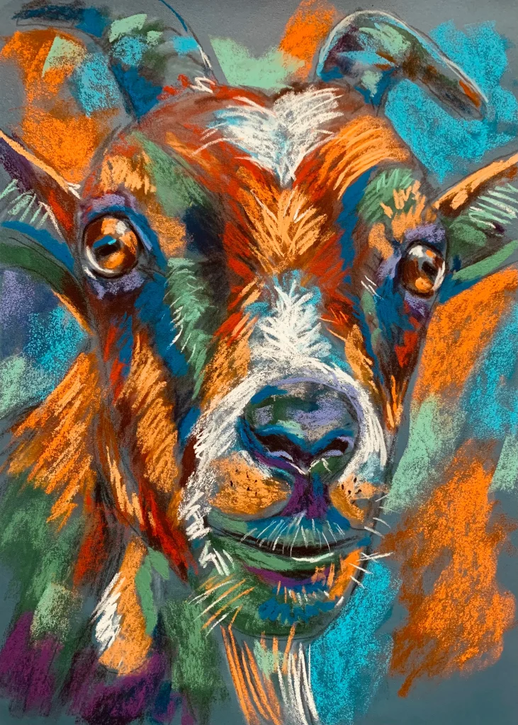 An original expressionist goat portrait painting in soft pastel by Savchenko on A3 format, depicting a colorful goat face with expressive amber eyes, horns, and vibrant orange and turquoise brushstrokes against a grey background.