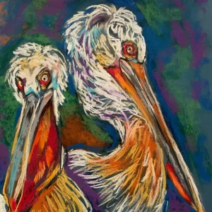 An original expressionist pelican pair soft pastel painting by Savchenko on A3 format, depicting two pelicans with long orange beaks, textured white feathers, and intense eyes against a purple and teal background.