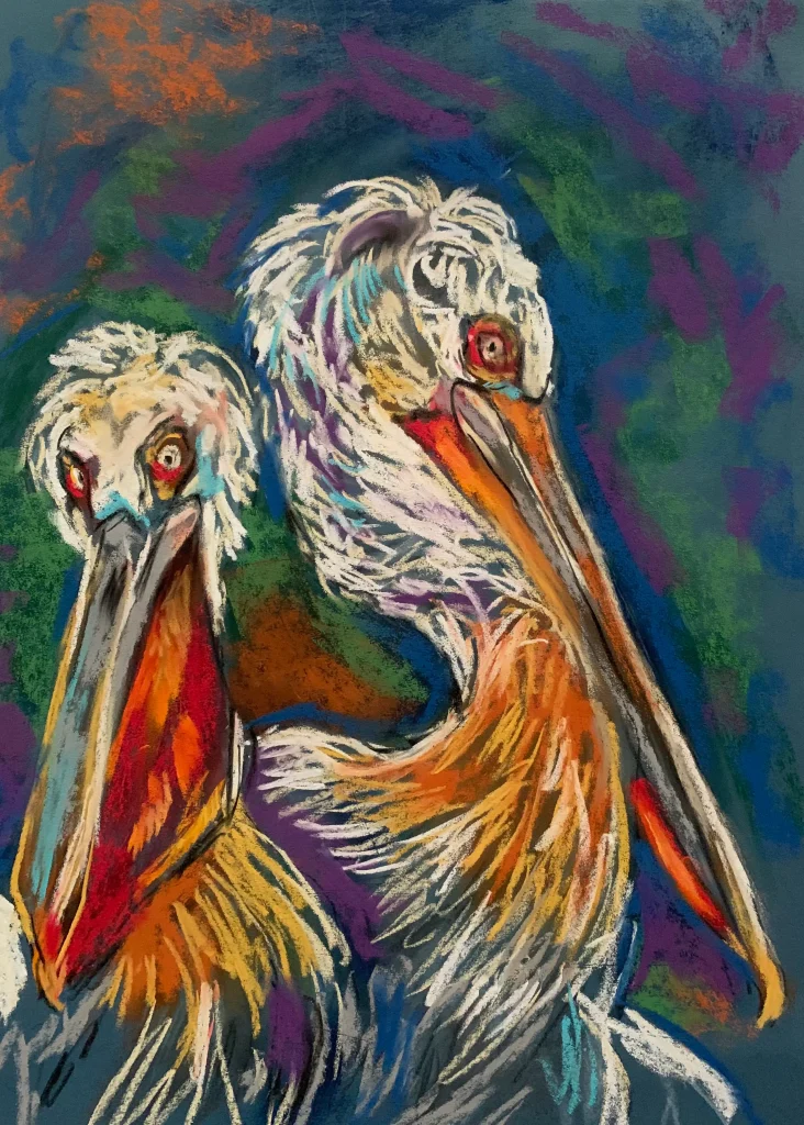 An original expressionist pelican pair soft pastel painting by Savchenko on A3 format, depicting two pelicans with long orange beaks, textured white feathers, and intense eyes against a purple and teal background.