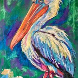 An original expressionist pelican soft pastel painting by Savchenko on A3 format, depicting a standing pelican with a long orange beak, white textured plumage with blue and purple shadows, and red webbed feet against an emerald green and purple background.