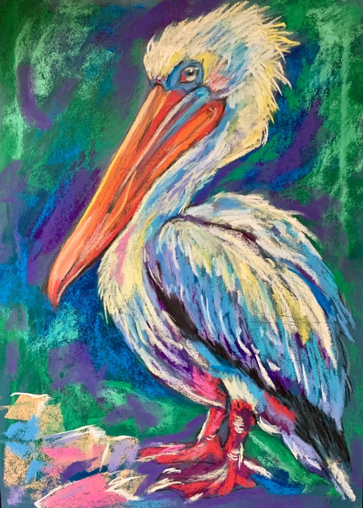 An original expressionist pelican soft pastel painting by Savchenko on A3 format, depicting a standing pelican with a long orange beak, white textured plumage with blue and purple shadows, and red webbed feet against an emerald green and purple background.