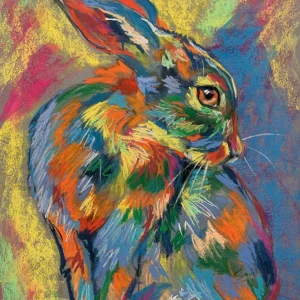 An original expressionist rainbow hare painting in soft pastel by Savchenko on A3 format, depicting a sitting hare with colorful fur in orange, blue, green, and yellow strokes against a vibrant yellow, magenta, and blue background.