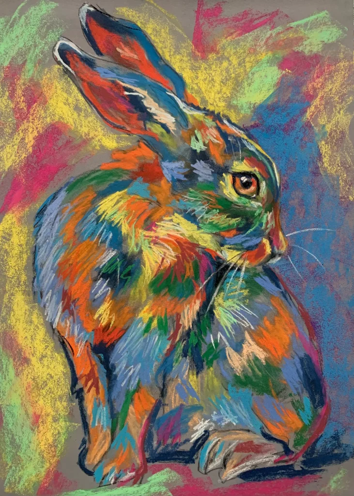 An original expressionist rainbow hare painting in soft pastel by Savchenko on A3 format, depicting a sitting hare with colorful fur in orange, blue, green, and yellow strokes against a vibrant yellow, magenta, and blue background.