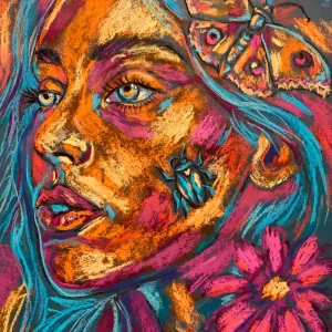 An original expressionist woman portrait with moth in soft pastel by Savchenko on A3 format, depicting a woman with teal hair, a large patterned moth, a beetle on her cheek, and a bright pink flower against a dark background.