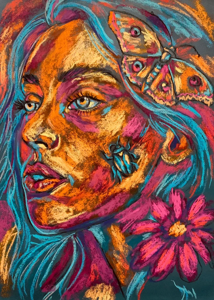 An original expressionist woman portrait with moth in soft pastel by Savchenko on A3 format, depicting a woman with teal hair, a large patterned moth, a beetle on her cheek, and a bright pink flower against a dark background.
