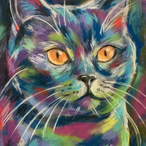 An original expressive cat portrait with amber eyes in soft pastel by Savchenko on A3 format, depicting a cat face with glowing bright amber-orange eyes, colorful blue, purple, and green fur, and white whiskers against a dark background.