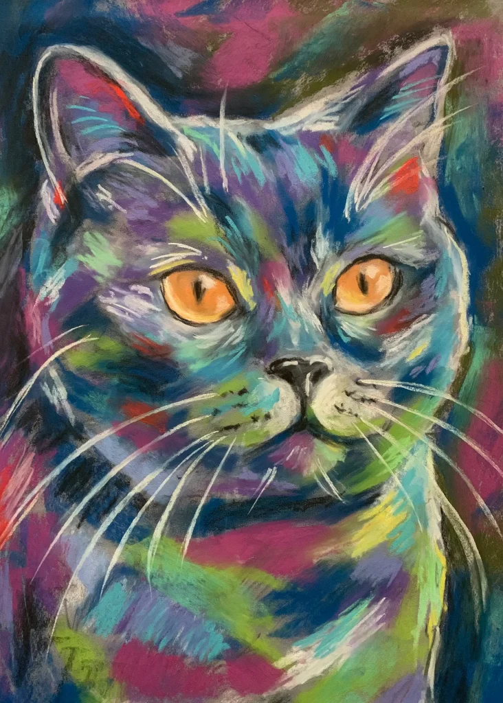 An original expressive cat portrait with amber eyes in soft pastel by Savchenko on A3 format, depicting a cat face with glowing bright amber-orange eyes, colorful blue, purple, and green fur, and white whiskers against a dark background.