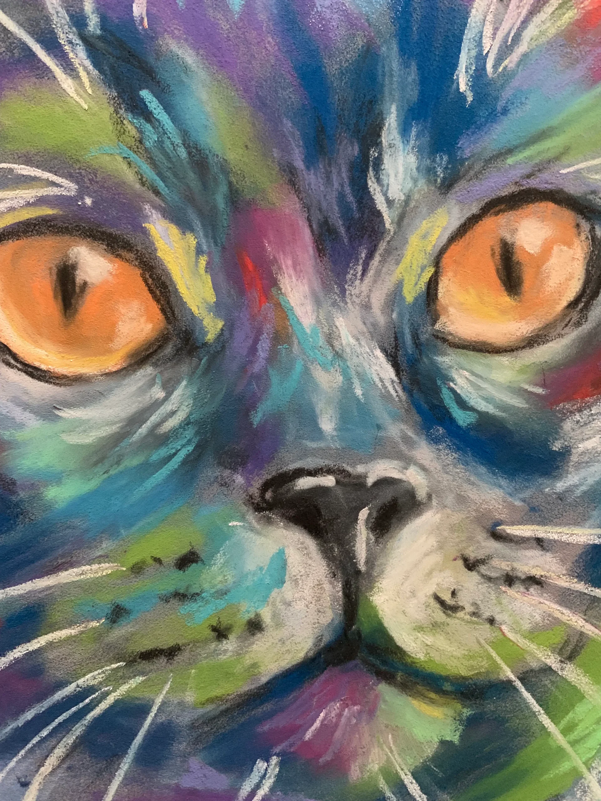 Close-up detail of expressionist soft pastel cat amber eyes and fur texture