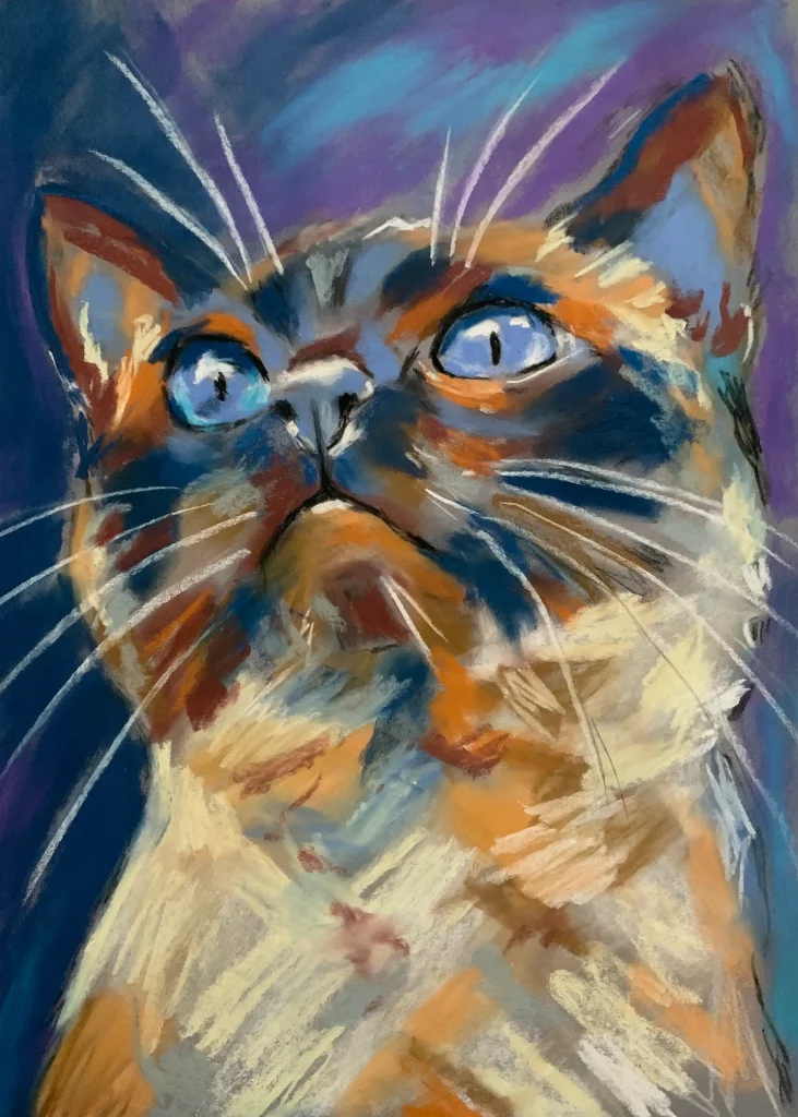 An original expressive cat portrait with blue eyes in soft pastel by Savchenko on A3 format, depicting a cat face looking upwards with glowing blue eyes, cream and orange fur, and white whiskers against a purple background.