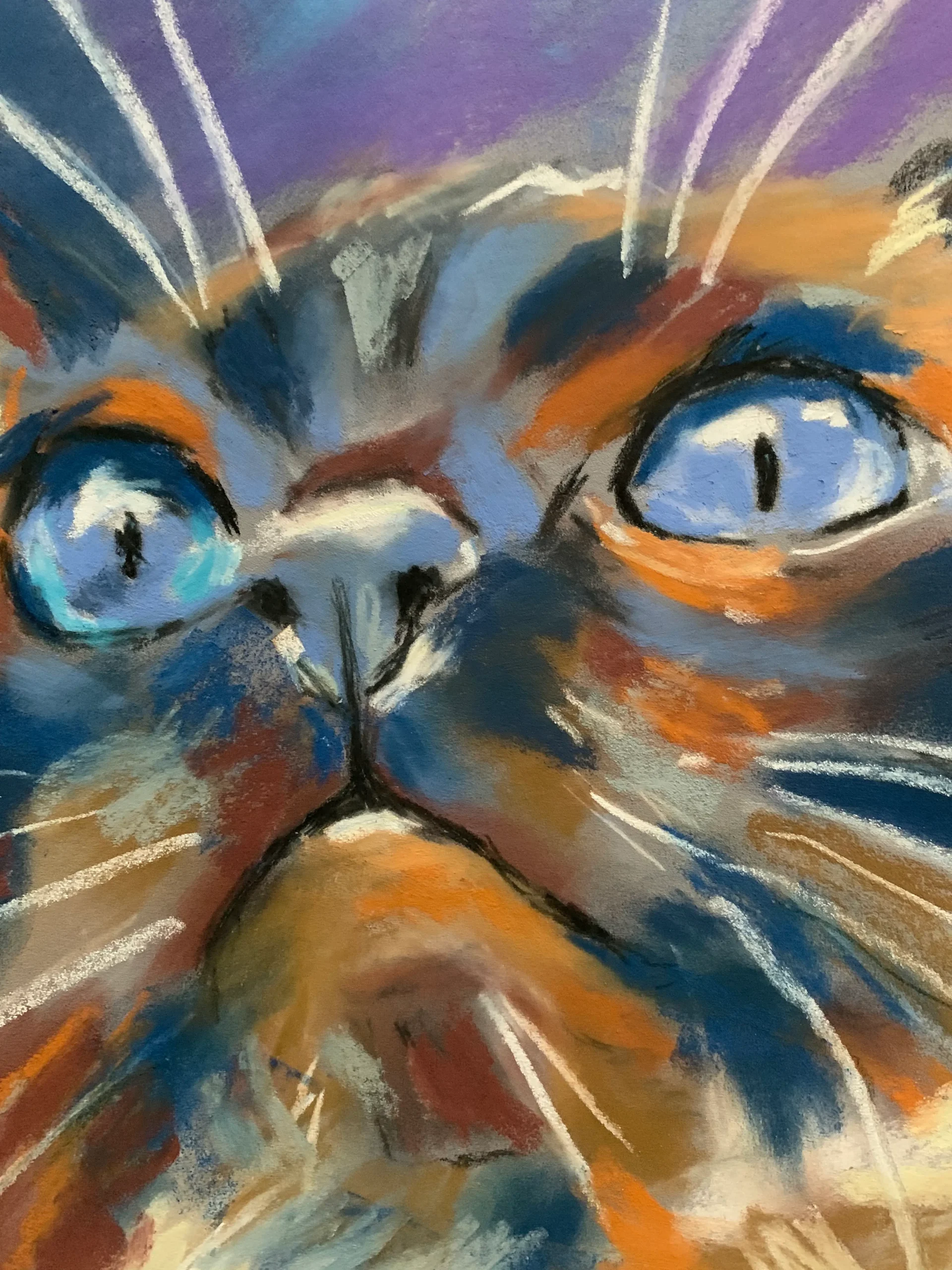 Close-up detail of expressionist soft pastel blue cat eyes and fur texture