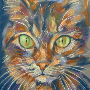 Expressionist portrait of a cat with green eyes, vibrant soft pastel artwork
