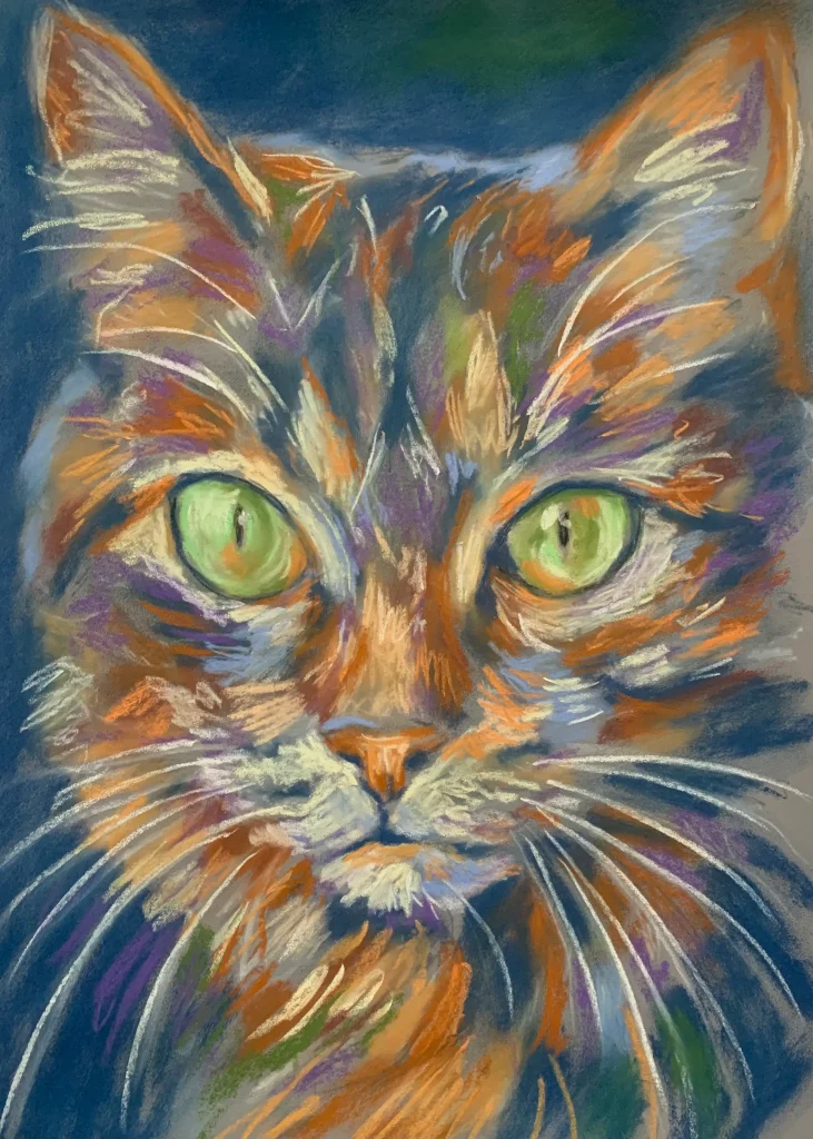 Expressionist portrait of a cat with green eyes, vibrant soft pastel artwork