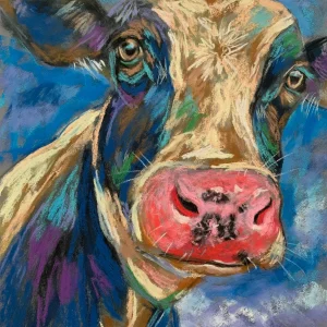 An original expressive cow soft pastel painting by Savchenko on A3 format, depicting a close-up cow portrait with a bright pink nose, cream and dark blue fur, and soulful eyes against a blue sky background.