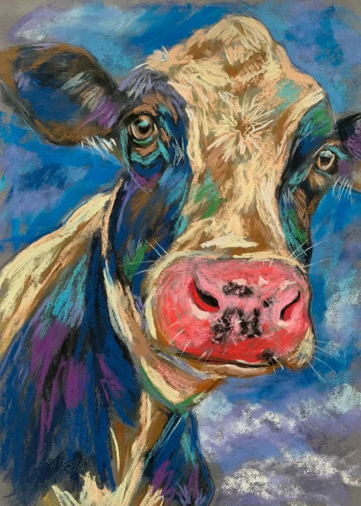 An original expressive cow soft pastel painting by Savchenko on A3 format, depicting a close-up cow portrait with a bright pink nose, cream and dark blue fur, and soulful eyes against a blue sky background.