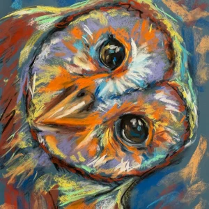 An original expressive curious owl painting in soft pastel by Savchenko on A3 format, depicting a barn owl with a tilted head, large reflective eyes, vibrant orange, lavender, and white feathers against a textured blue background.