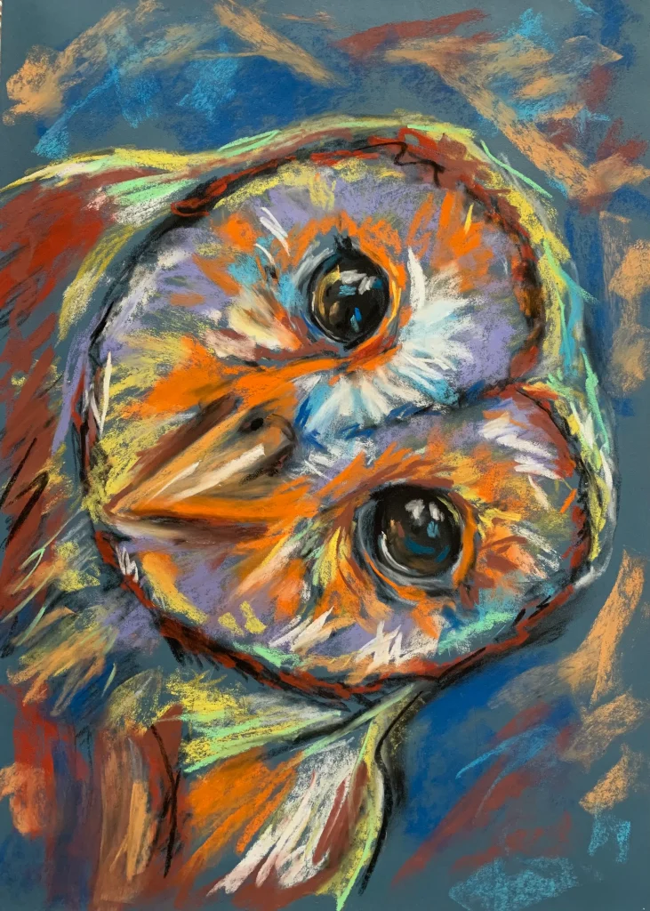 An original expressive curious owl painting in soft pastel by Savchenko on A3 format, depicting a barn owl with a tilted head, large reflective eyes, vibrant orange, lavender, and white feathers against a textured blue background.