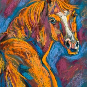 An original expressionist horse portrait with a fiery mane in soft pastel by Savchenko on A3 format, depicting a chestnut horse looking over its shoulder with a white blaze, orange mane, against a textured blue and purple background.