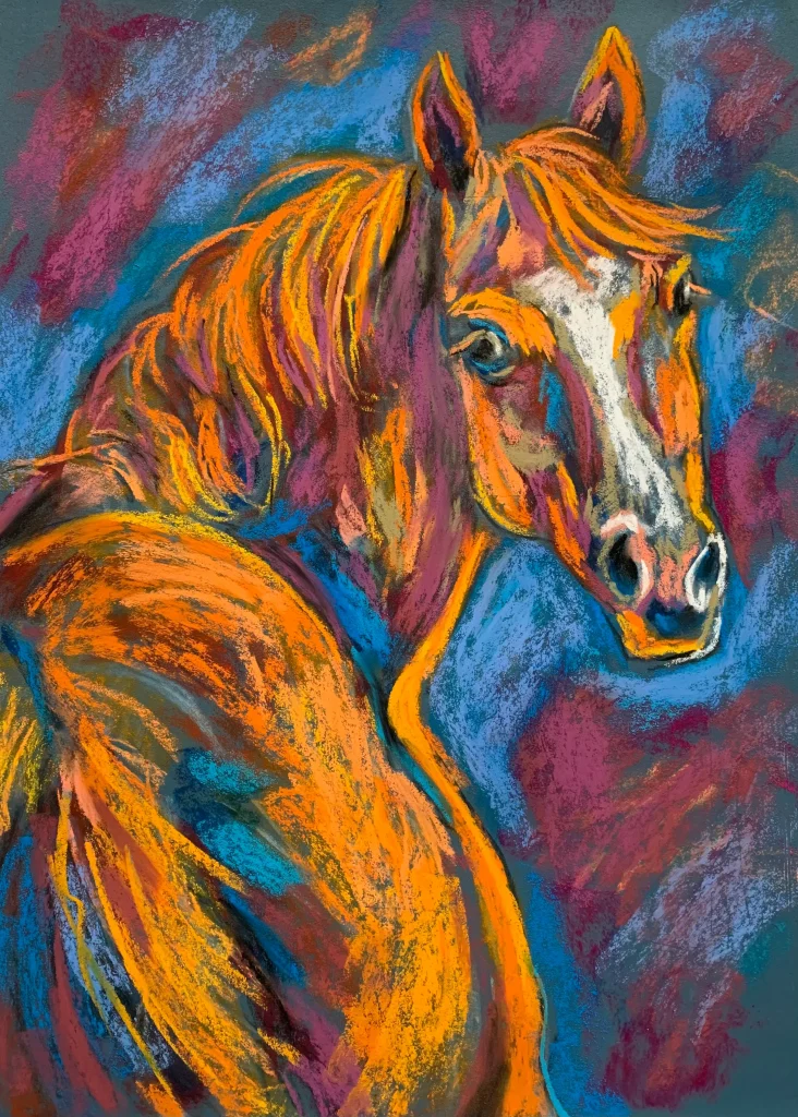 An original expressionist horse portrait with a fiery mane in soft pastel by Savchenko on A3 format, depicting a chestnut horse looking over its shoulder with a white blaze, orange mane, against a textured blue and purple background.