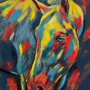 An original expressionist horse portrait painting in soft pastel by Savchenko on A3 format, depicting a horse head with glowing blue eyes, bold yellow, blue, and red brushstrokes against a dark blue background.