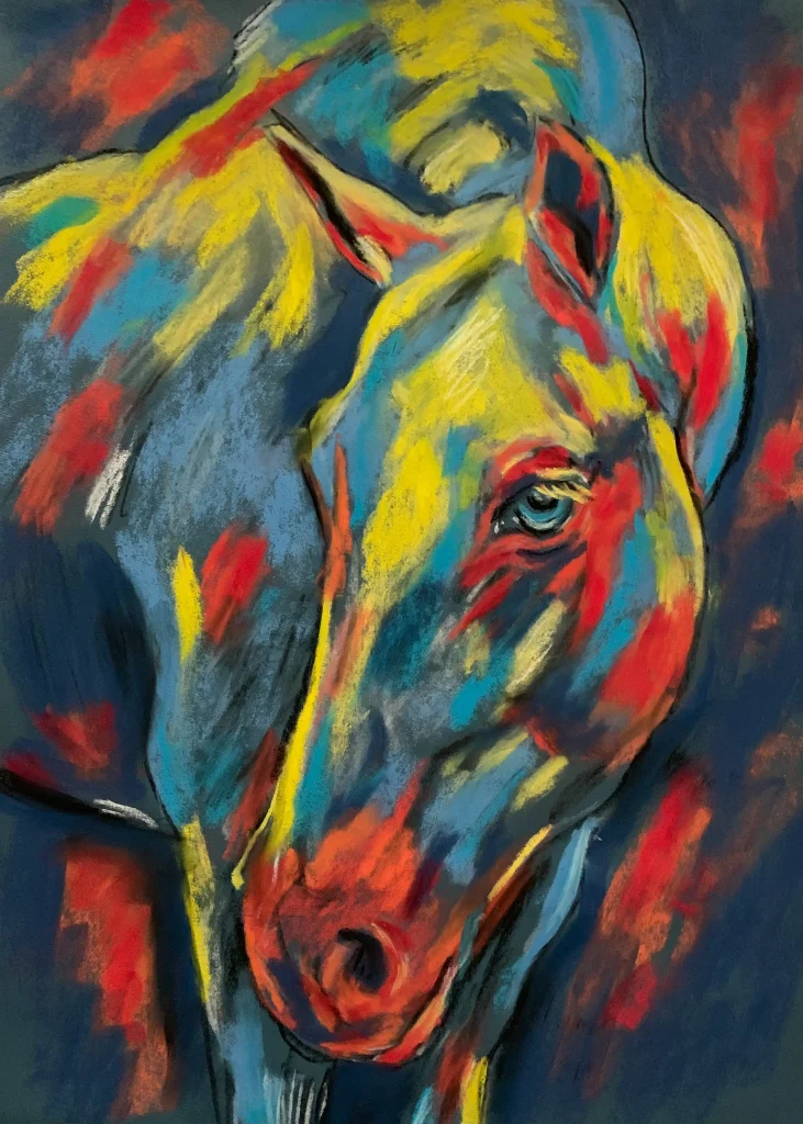 An original expressionist horse portrait painting in soft pastel by Savchenko on A3 format, depicting a horse head with glowing blue eyes, bold yellow, blue, and red brushstrokes against a dark blue background.