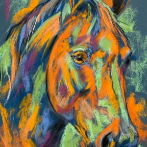 An original vibrant expressionist horse portrait painting in soft pastel by Savchenko on A3 format, depicting a horse head with glowing amber eyes, fiery orange and mint green fur against a dark slate blue background.