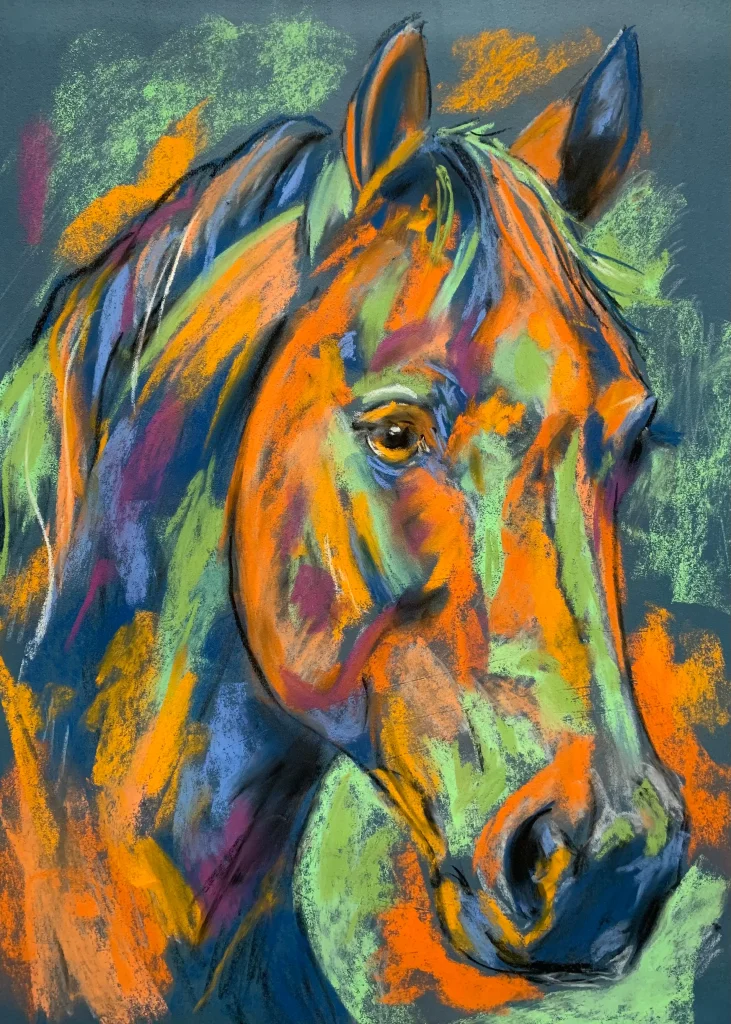 An original vibrant expressionist horse portrait painting in soft pastel by Savchenko on A3 format, depicting a horse head with glowing amber eyes, fiery orange and mint green fur against a dark slate blue background.