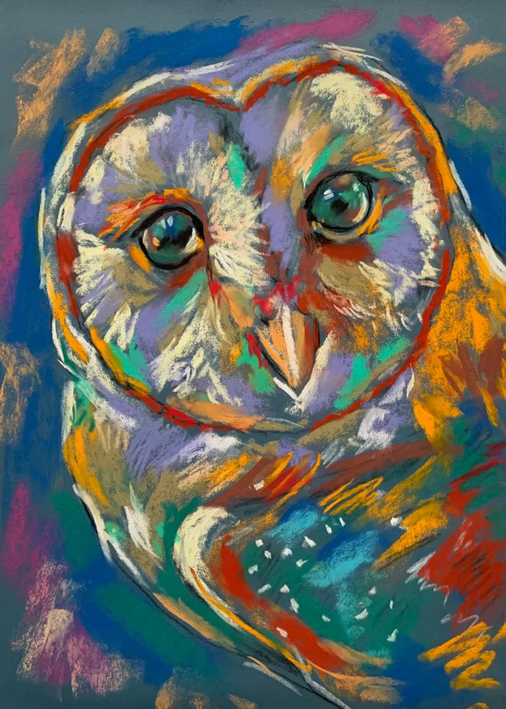 An original expressive owl soft pastel painting by Savchenko on A3 format, depicting a colorful barn owl portrait with large glowing eyes, a heart-shaped face, and vibrant orange and turquoise feathers against a blue background.