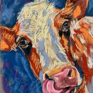 An original playful cow soft pastel painting by Savchenko on A3 format, depicting a close-up portrait of an orange and white cow licking its nose with a pink tongue against a blue and purple background.