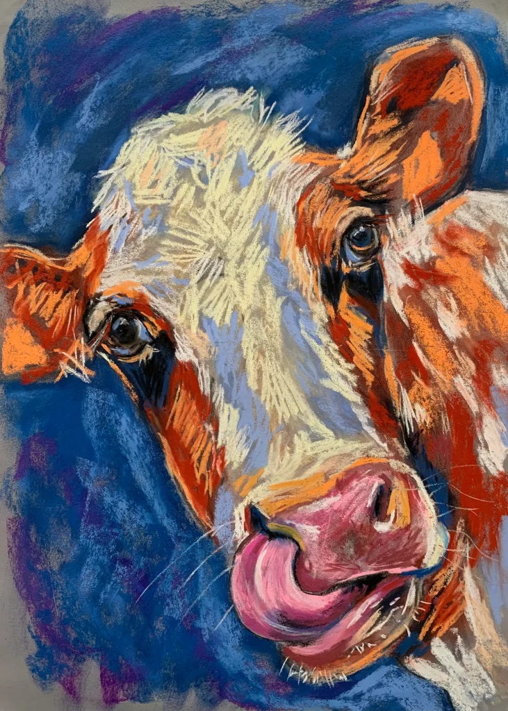 An original playful cow soft pastel painting by Savchenko on A3 format, depicting a close-up portrait of an orange and white cow licking its nose with a pink tongue against a blue and purple background.