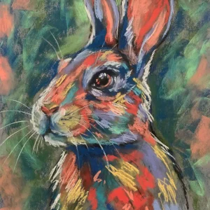 An original expressive rabbit portrait painting in soft pastel by Savchenko on A3 format, depicting a rabbit in profile with tall coral ears, colorful strokes in red, teal, and yellow, and long white whiskers against a textured green background.