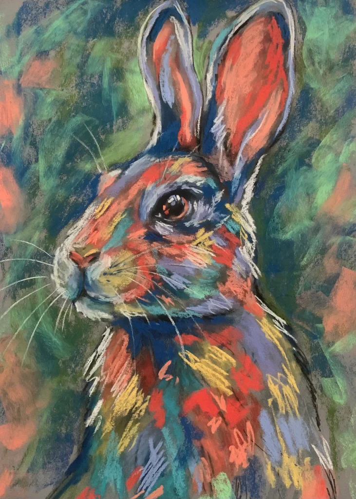 An original expressive rabbit portrait painting in soft pastel by Savchenko on A3 format, depicting a rabbit in profile with tall coral ears, colorful strokes in red, teal, and yellow, and long white whiskers against a textured green background.