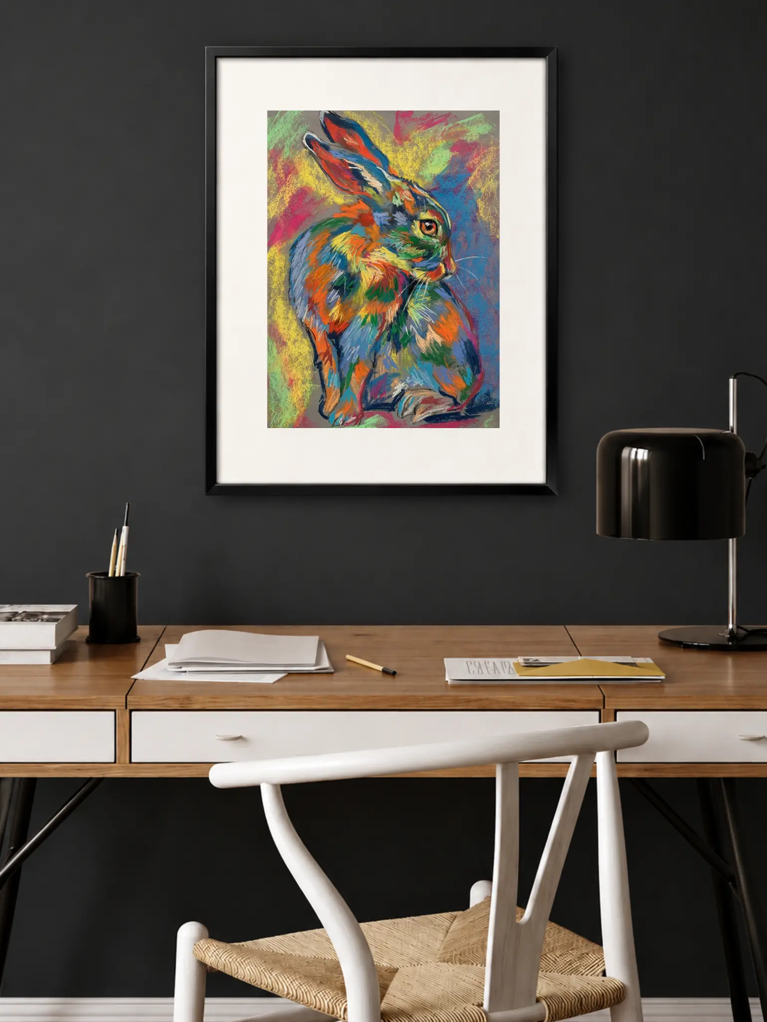 Framed expressionist soft pastel rainbow hare painting in modern home office