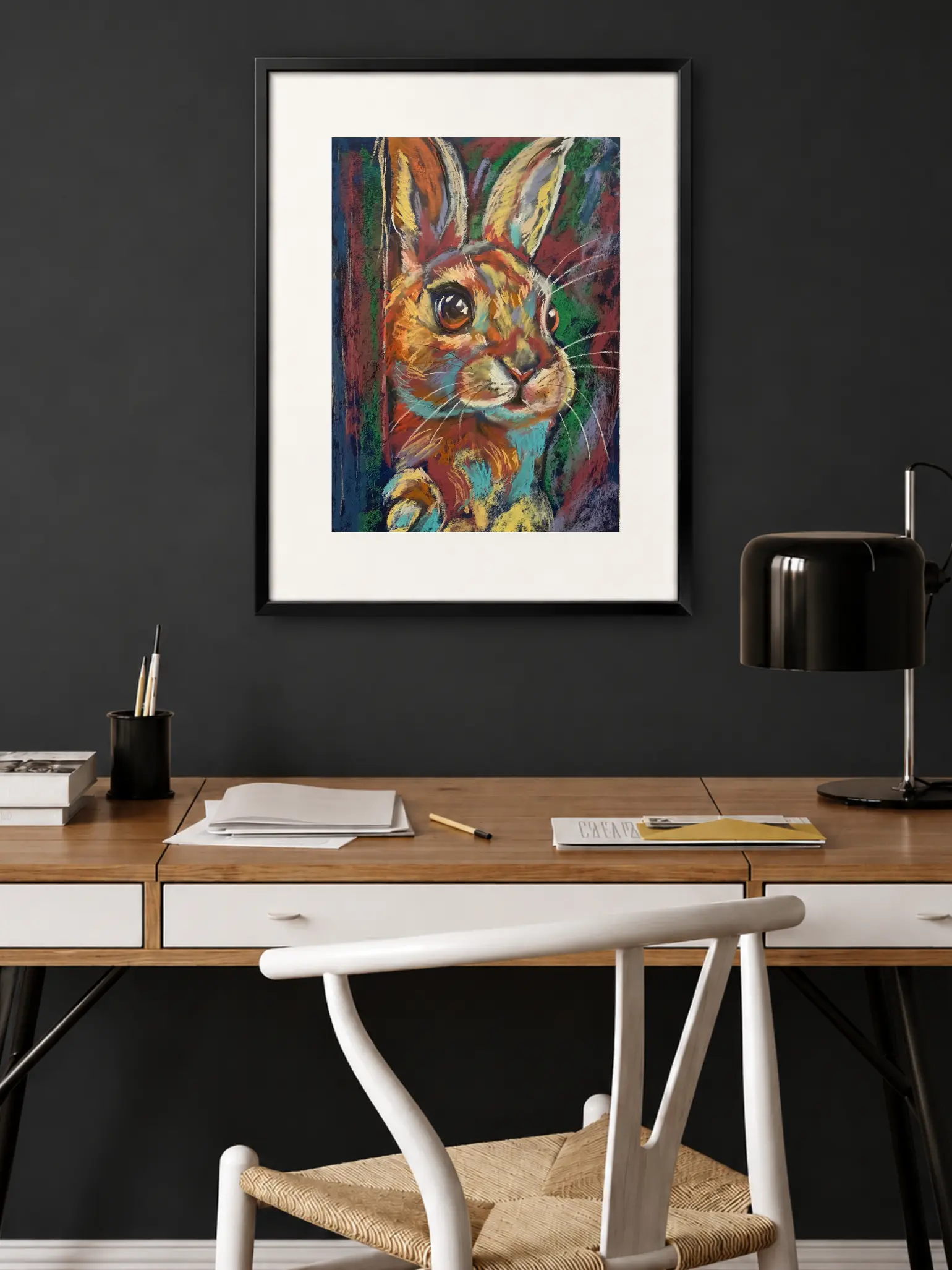 Framed expressionist soft pastel peeking rabbit painting in modern home office