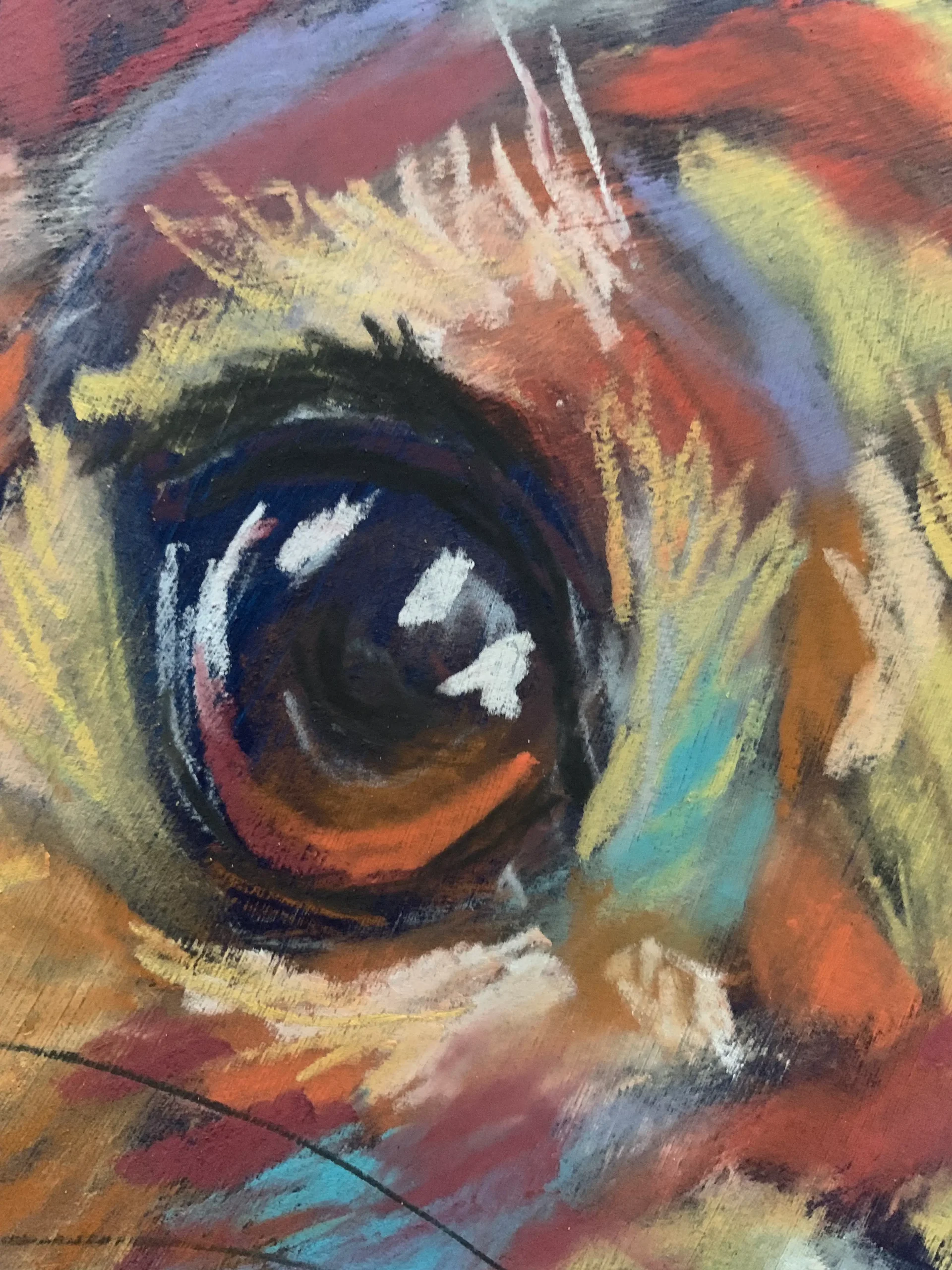 Close-up detail of expressionist soft pastel rabbit dark eye and fur texture